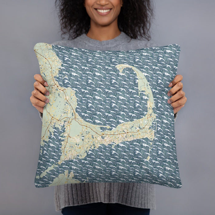 Person holding 18x18 Custom Cape Cod Massachusetts Map Throw Pillow in Woodblock