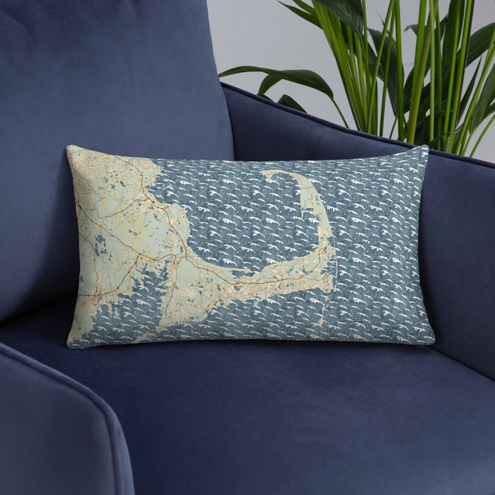 Custom Cape Cod Massachusetts Map Throw Pillow in Woodblock on Blue Colored Chair