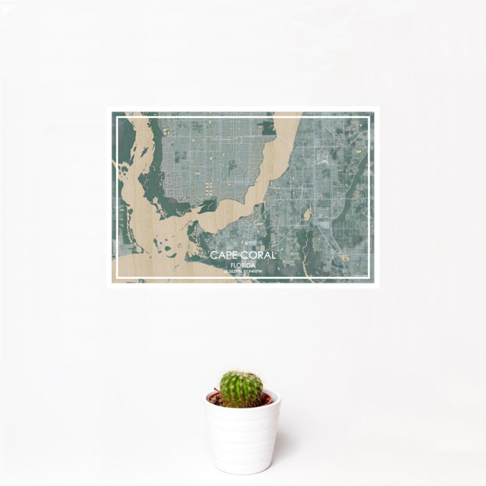 12x18 Cape Coral Florida Map Print Landscape Orientation in Afternoon Style With Small Cactus Plant in White Planter