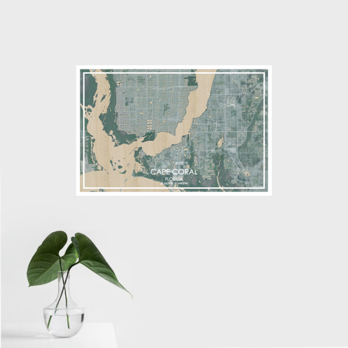 16x24 Cape Coral Florida Map Print Landscape Orientation in Afternoon Style With Tropical Plant Leaves in Water
