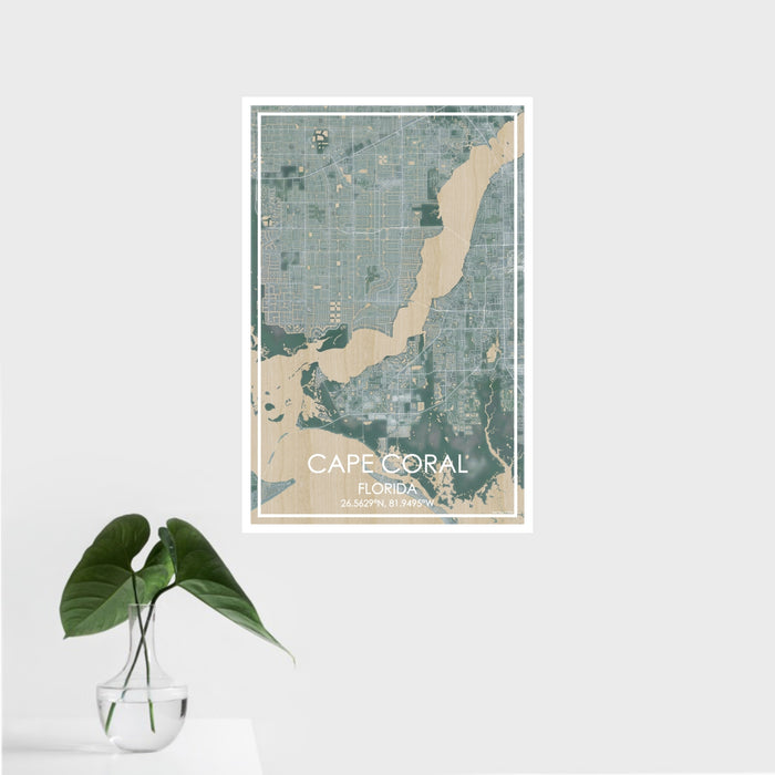 16x24 Cape Coral Florida Map Print Portrait Orientation in Afternoon Style With Tropical Plant Leaves in Water