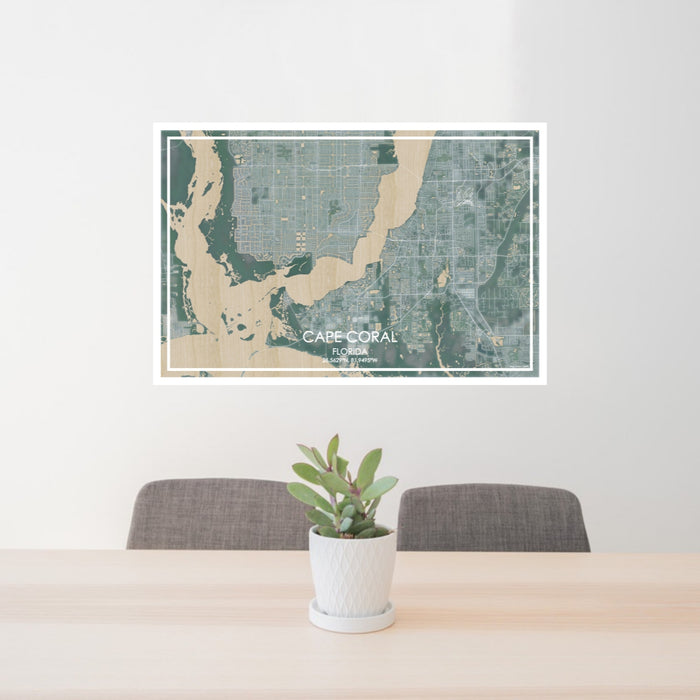 24x36 Cape Coral Florida Map Print Lanscape Orientation in Afternoon Style Behind 2 Chairs Table and Potted Plant
