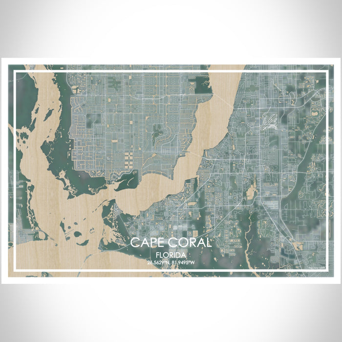 Cape Coral Florida Map Print Landscape Orientation in Afternoon Style With Shaded Background