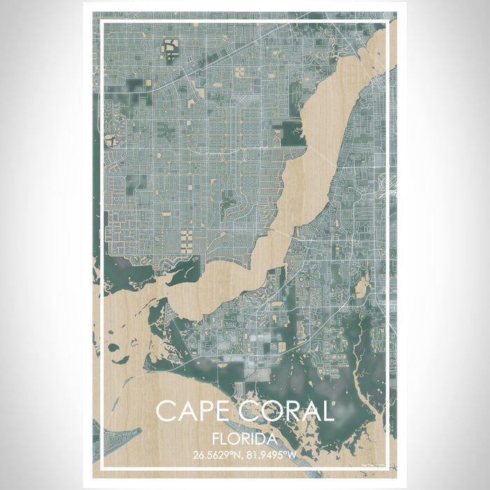 Cape Coral Florida Map Print Portrait Orientation in Afternoon Style With Shaded Background