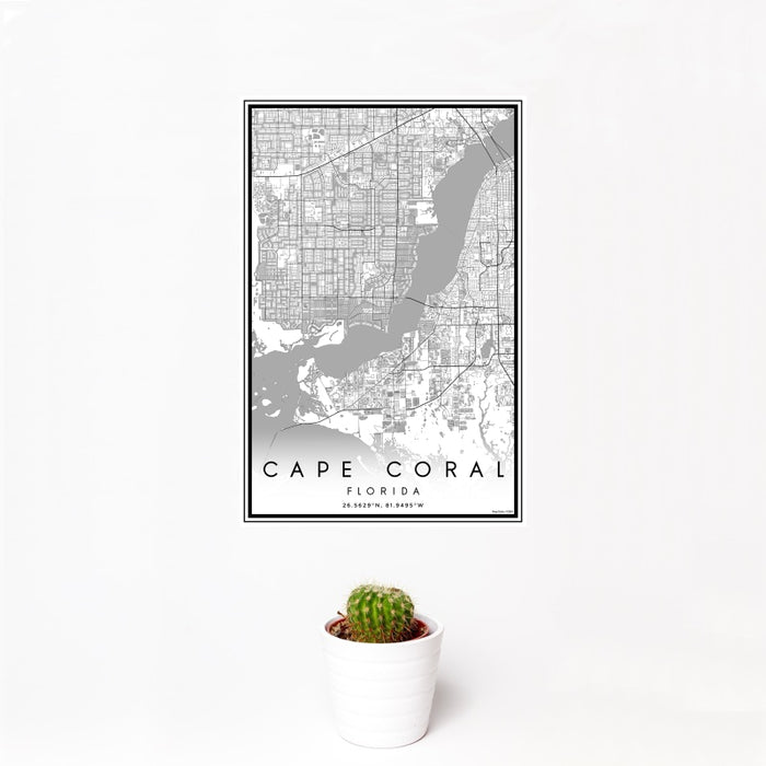 12x18 Cape Coral Florida Map Print Portrait Orientation in Classic Style With Small Cactus Plant in White Planter