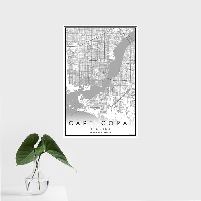 16x24 Cape Coral Florida Map Print Portrait Orientation in Classic Style With Tropical Plant Leaves in Water