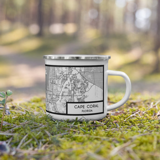 Right View Custom Cape Coral Florida Map Enamel Mug in Classic on Grass With Trees in Background
