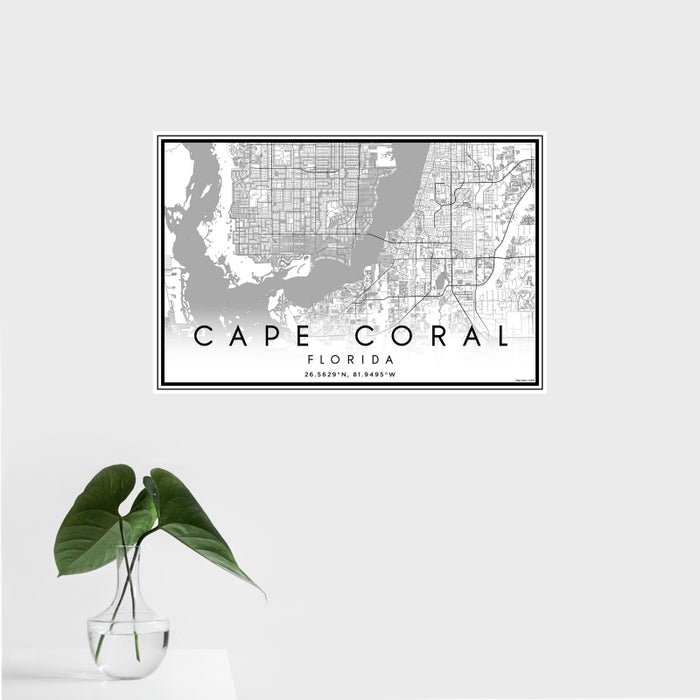 16x24 Cape Coral Florida Map Print Landscape Orientation in Classic Style With Tropical Plant Leaves in Water