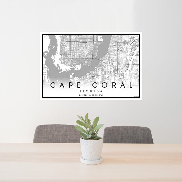24x36 Cape Coral Florida Map Print Landscape Orientation in Classic Style Behind 2 Chairs Table and Potted Plant
