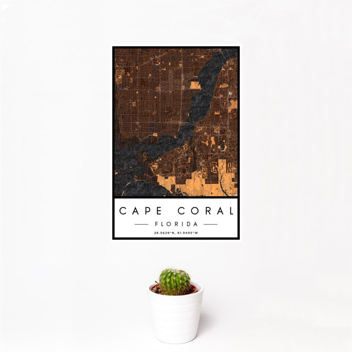 12x18 Cape Coral Florida Map Print Portrait Orientation in Ember Style With Small Cactus Plant in White Planter