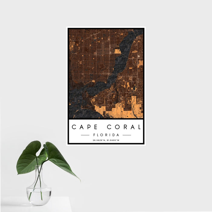 16x24 Cape Coral Florida Map Print Portrait Orientation in Ember Style With Tropical Plant Leaves in Water