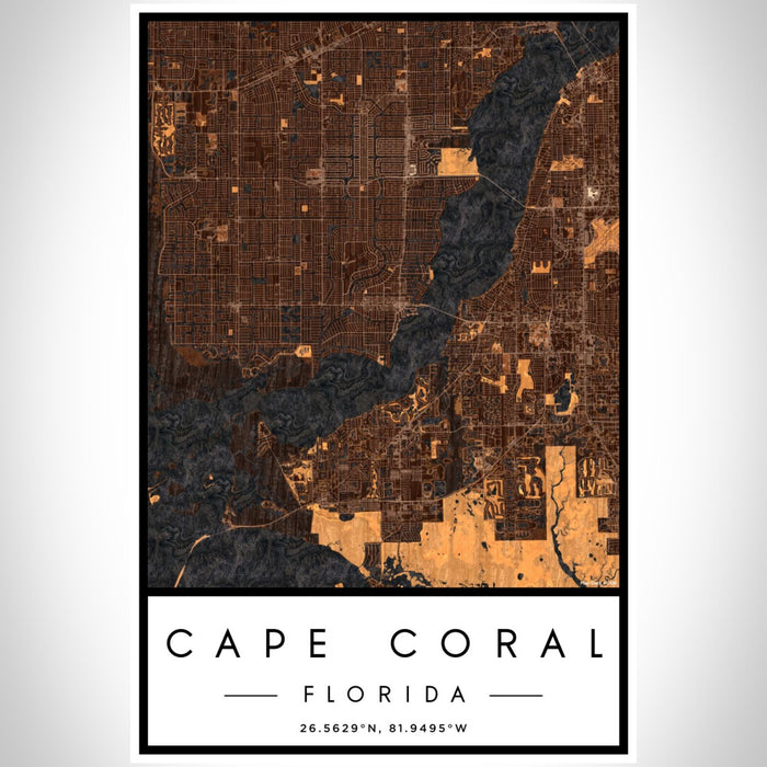 Cape Coral Florida Map Print Portrait Orientation in Ember Style With Shaded Background