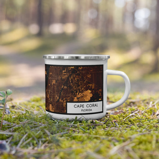 Right View Custom Cape Coral Florida Map Enamel Mug in Ember on Grass With Trees in Background