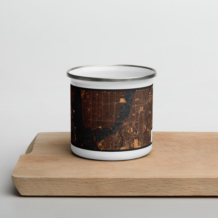 Front View Custom Cape Coral Florida Map Enamel Mug in Ember on Cutting Board