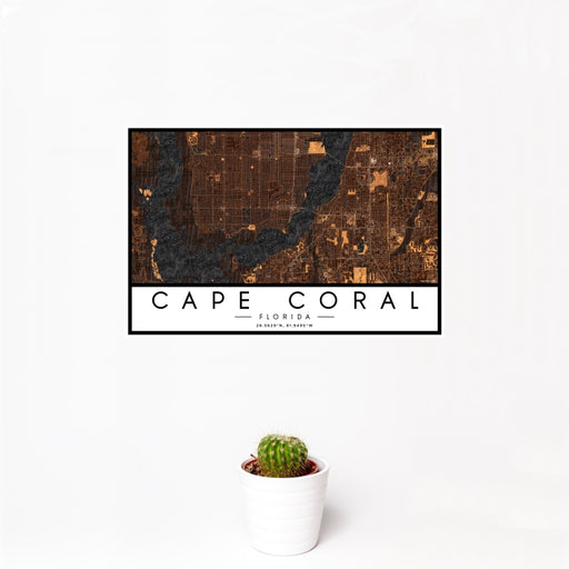 12x18 Cape Coral Florida Map Print Landscape Orientation in Ember Style With Small Cactus Plant in White Planter