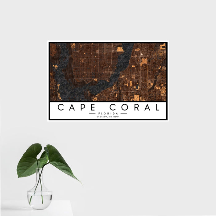 16x24 Cape Coral Florida Map Print Landscape Orientation in Ember Style With Tropical Plant Leaves in Water