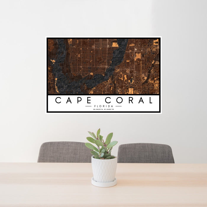 24x36 Cape Coral Florida Map Print Landscape Orientation in Ember Style Behind 2 Chairs Table and Potted Plant
