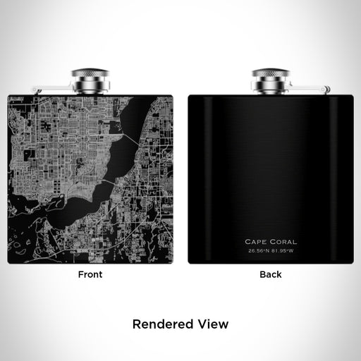 Rendered View of Cape Coral Florida Map Engraving on 6oz Stainless Steel Flask in Black