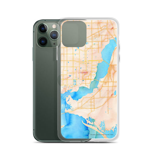 Custom Cape Coral Florida Map Phone Case in Watercolor on Table with Laptop and Plant