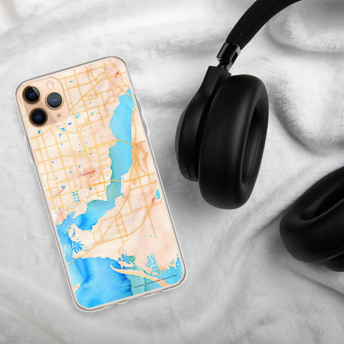 Custom Cape Coral Florida Map Phone Case in Watercolor on Table with Black Headphones