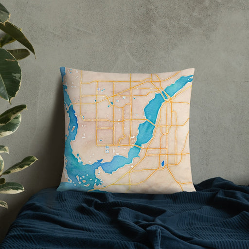 Custom Cape Coral Florida Map Throw Pillow in Watercolor on Bedding Against Wall