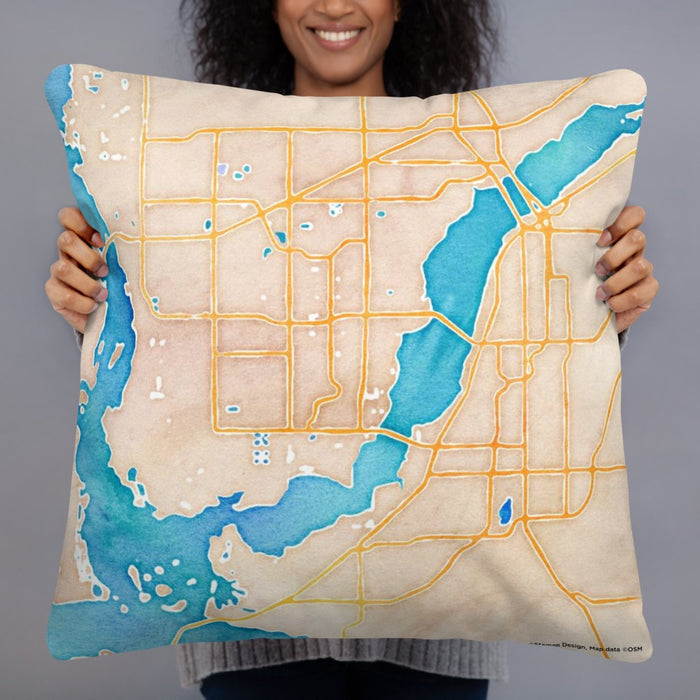 Person holding 22x22 Custom Cape Coral Florida Map Throw Pillow in Watercolor