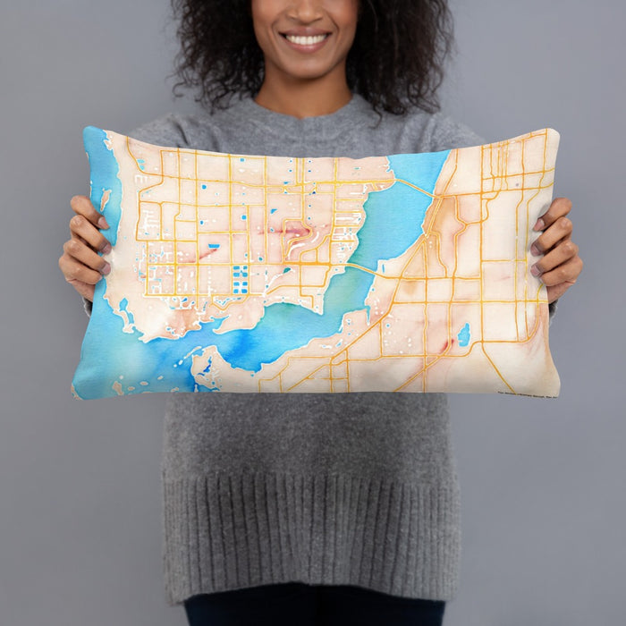 Person holding 20x12 Custom Cape Coral Florida Map Throw Pillow in Watercolor