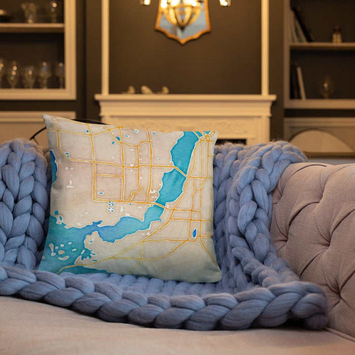 Custom Cape Coral Florida Map Throw Pillow in Watercolor on Cream Colored Couch