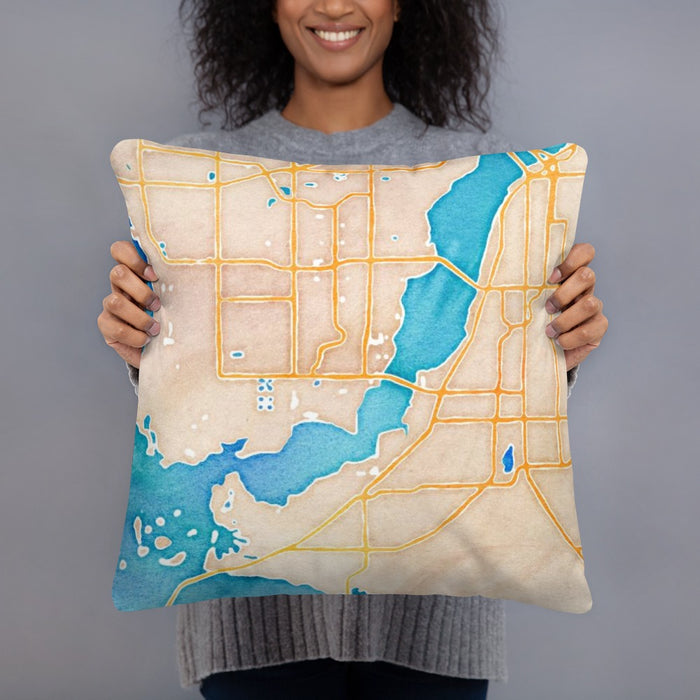 Person holding 18x18 Custom Cape Coral Florida Map Throw Pillow in Watercolor