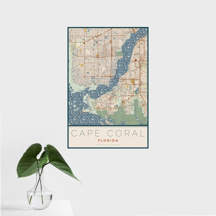 16x24 Cape Coral Florida Map Print Portrait Orientation in Woodblock Style With Tropical Plant Leaves in Water