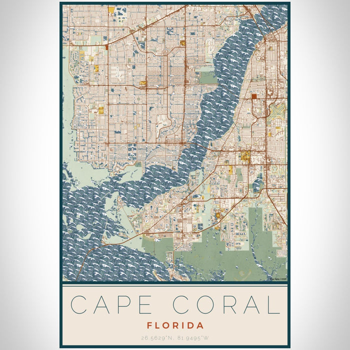 Cape Coral Florida Map Print Portrait Orientation in Woodblock Style With Shaded Background