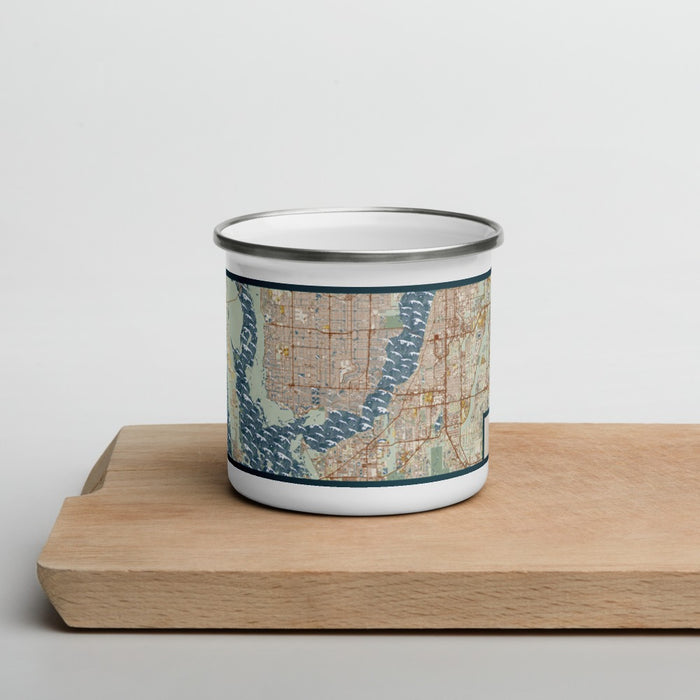 Front View Custom Cape Coral Florida Map Enamel Mug in Woodblock on Cutting Board