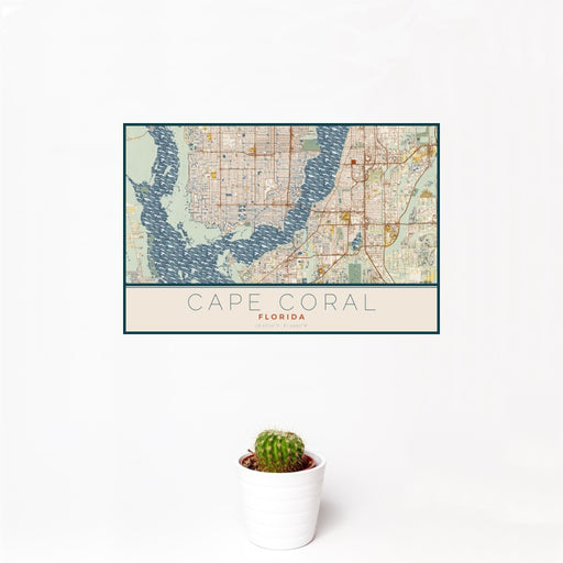 12x18 Cape Coral Florida Map Print Landscape Orientation in Woodblock Style With Small Cactus Plant in White Planter