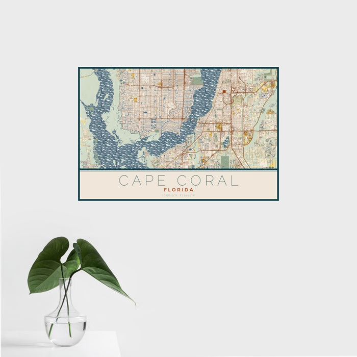 16x24 Cape Coral Florida Map Print Landscape Orientation in Woodblock Style With Tropical Plant Leaves in Water