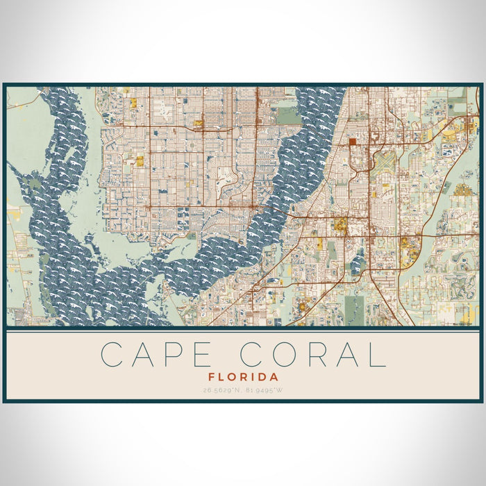 Cape Coral Florida Map Print Landscape Orientation in Woodblock Style With Shaded Background