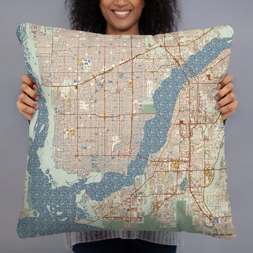 Person holding 22x22 Custom Cape Coral Florida Map Throw Pillow in Woodblock