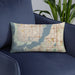 Custom Cape Coral Florida Map Throw Pillow in Woodblock on Blue Colored Chair