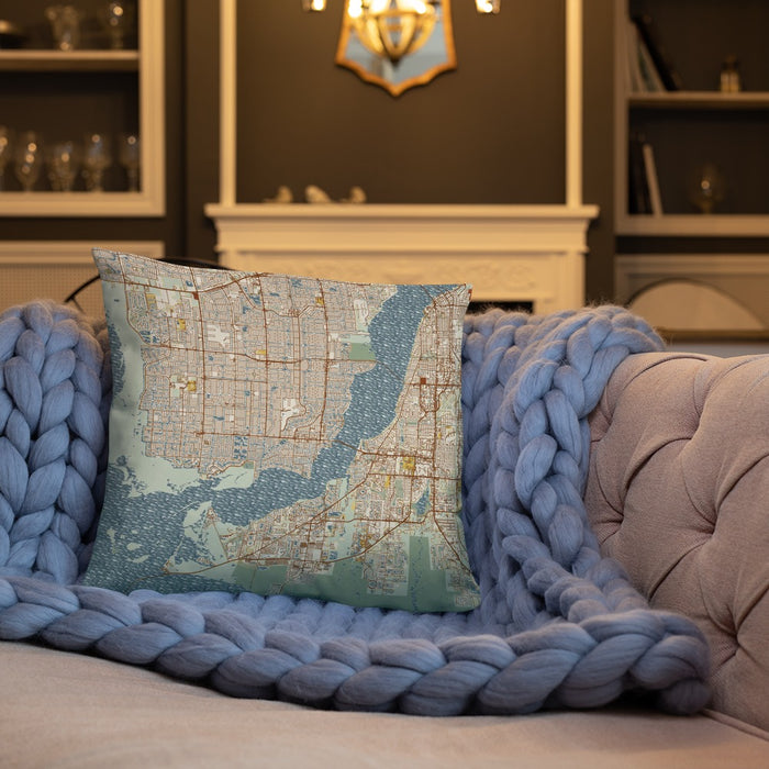 Custom Cape Coral Florida Map Throw Pillow in Woodblock on Cream Colored Couch