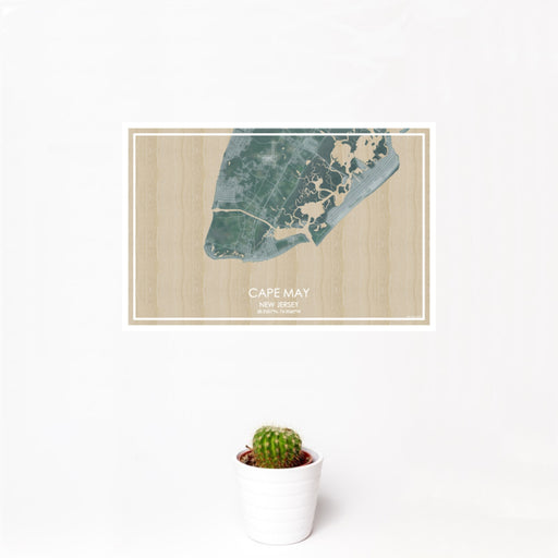 12x18 Cape May New Jersey Map Print Landscape Orientation in Afternoon Style With Small Cactus Plant in White Planter