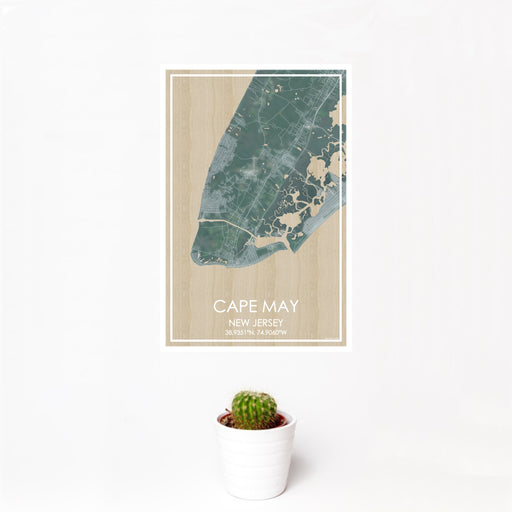 12x18 Cape May New Jersey Map Print Portrait Orientation in Afternoon Style With Small Cactus Plant in White Planter
