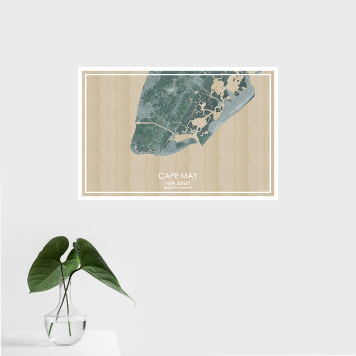 16x24 Cape May New Jersey Map Print Landscape Orientation in Afternoon Style With Tropical Plant Leaves in Water