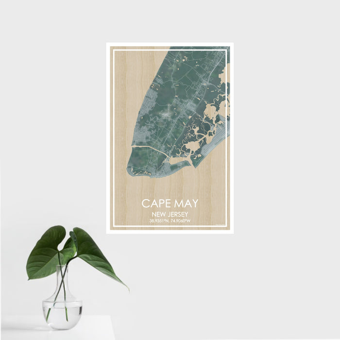 16x24 Cape May New Jersey Map Print Portrait Orientation in Afternoon Style With Tropical Plant Leaves in Water