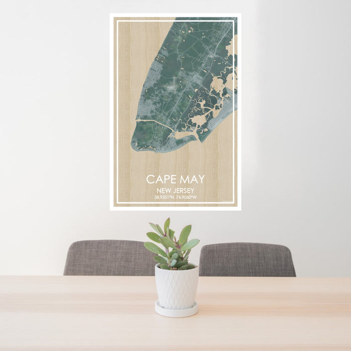 24x36 Cape May New Jersey Map Print Portrait Orientation in Afternoon Style Behind 2 Chairs Table and Potted Plant