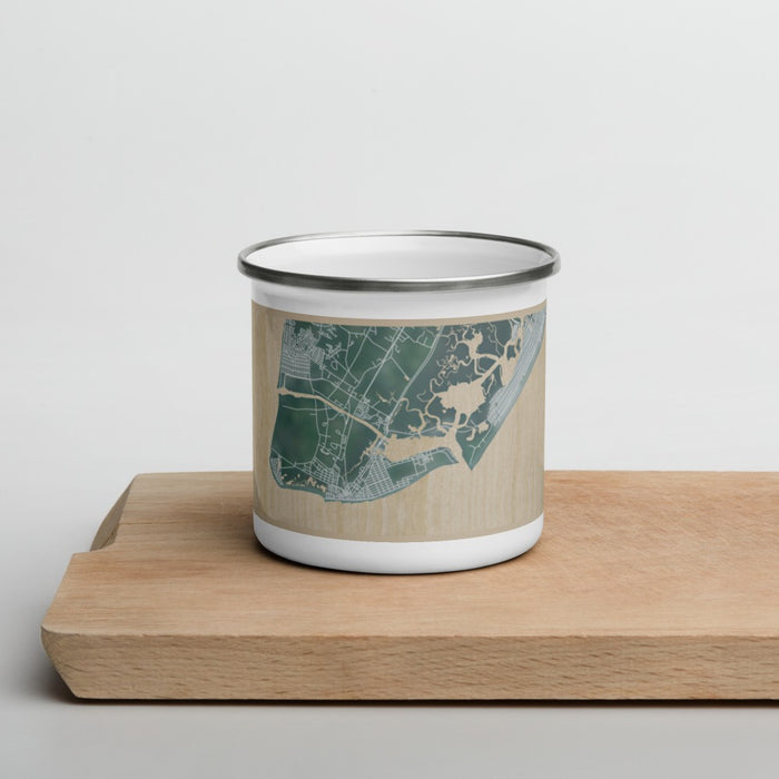 Front View Custom Cape May New Jersey Map Enamel Mug in Afternoon on Cutting Board