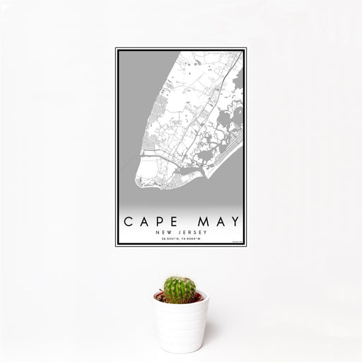 12x18 Cape May New Jersey Map Print Portrait Orientation in Classic Style With Small Cactus Plant in White Planter