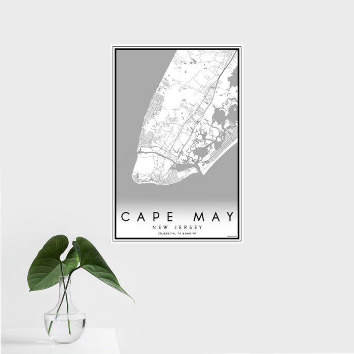 16x24 Cape May New Jersey Map Print Portrait Orientation in Classic Style With Tropical Plant Leaves in Water