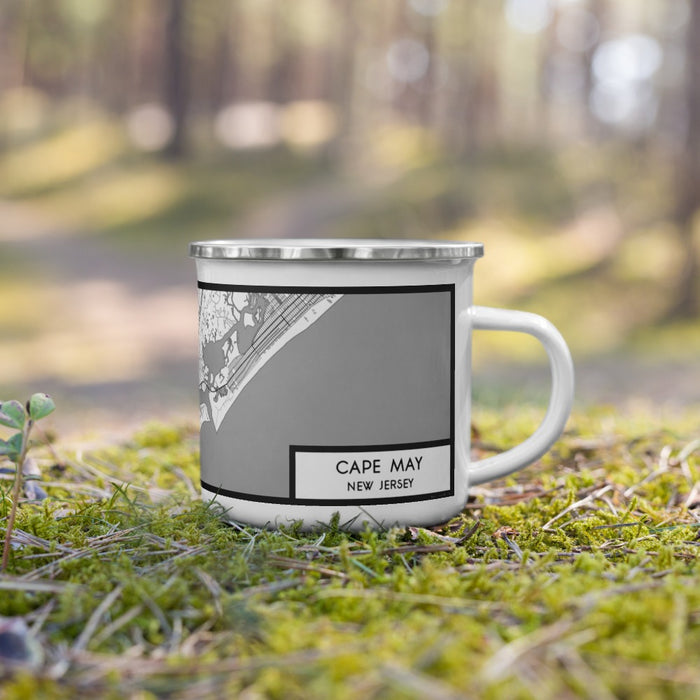 Right View Custom Cape May New Jersey Map Enamel Mug in Classic on Grass With Trees in Background