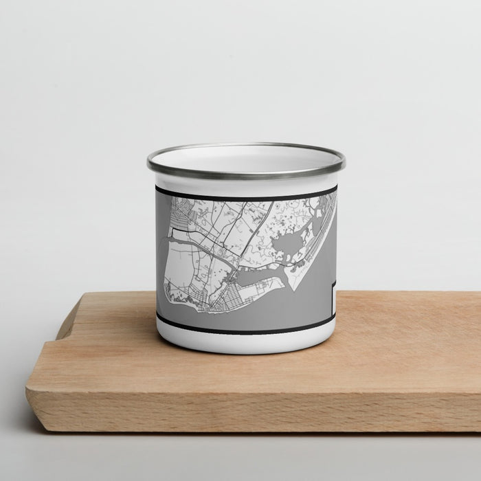Front View Custom Cape May New Jersey Map Enamel Mug in Classic on Cutting Board
