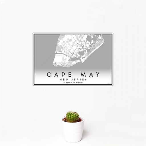 12x18 Cape May New Jersey Map Print Landscape Orientation in Classic Style With Small Cactus Plant in White Planter