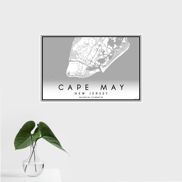 16x24 Cape May New Jersey Map Print Landscape Orientation in Classic Style With Tropical Plant Leaves in Water